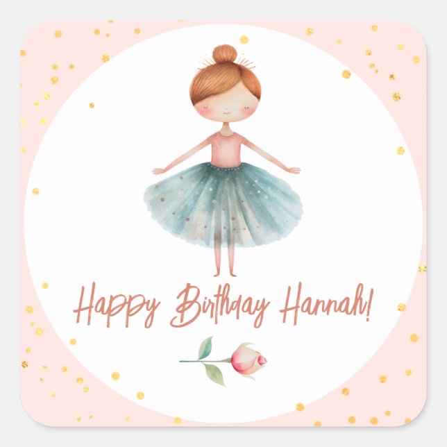 Sticker Carré Ballerina Ballet Rouge Cheveux rose Anniversaire (Devant)