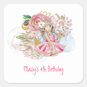 Sticker Carré Ballerina Florals Chat Rose Fille 4e fête d'annive