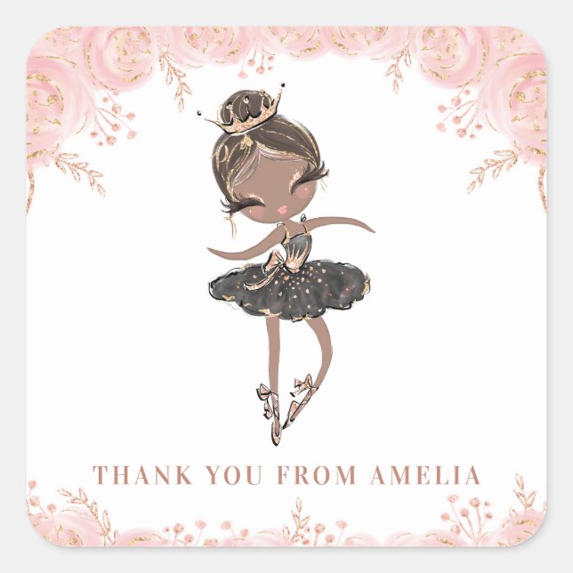 Sticker Carré Ballerina noire en robe noire Fleur Anniversaire (Devant)