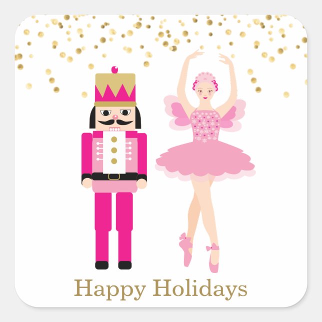 Sticker Carré Ballerina & Nutcracker, confettis d'or, Noël (Devant)