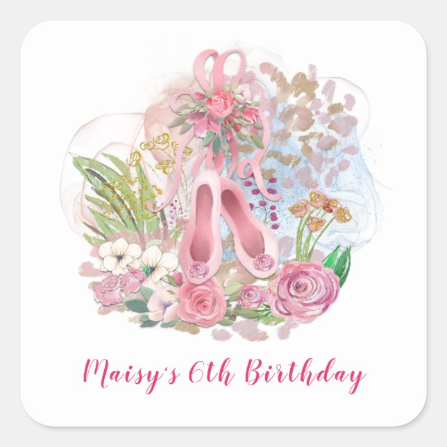Sticker Carré Ballet Chaussures Fleurs Rose Fille 6e fête d'anni (Devant)