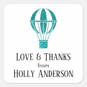 Sticker Carré Ballon à air chaud pailleté sarcelle avec « Amour