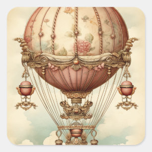 Sticker Carré Ballon à air chaud vintage Steampunk Rose