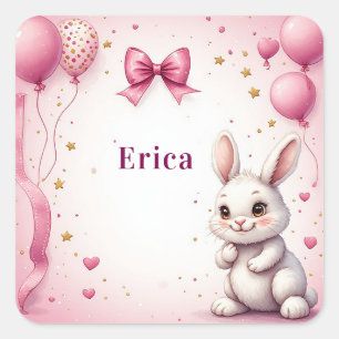 Sticker Carré Ballon d'anniversaire lapin rose 🐰