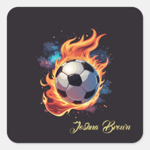 Sticker Carré Ballon de football volant avec flammes.