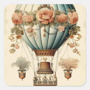 Sticker Carré Ballon vintage Steampunk Floral Blue Hot Air
