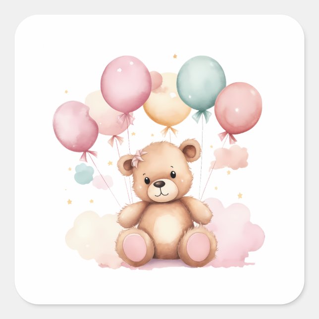 Sticker Carré Ballons Baby shower en aquarelle mignonne Ours en  (Devant)