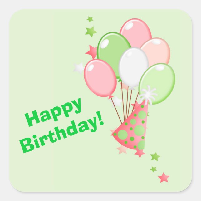 Sticker Carré Ballons d'anniversaire verts et roses (Devant)