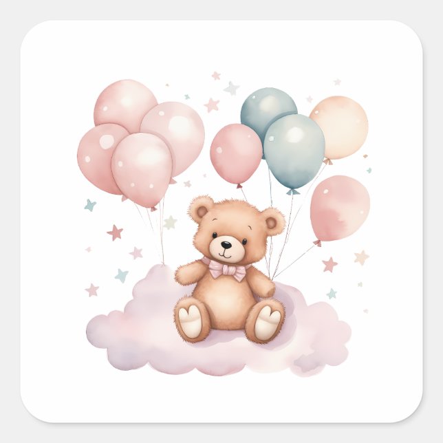 Sticker Carré Ballons d'aquarelle mignonne Ours en peluche sur n (Devant)