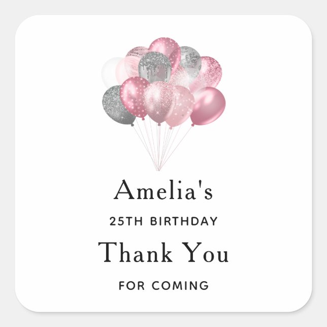 Sticker Carré Ballons de parties scintillant rose et argent - An (Devant)