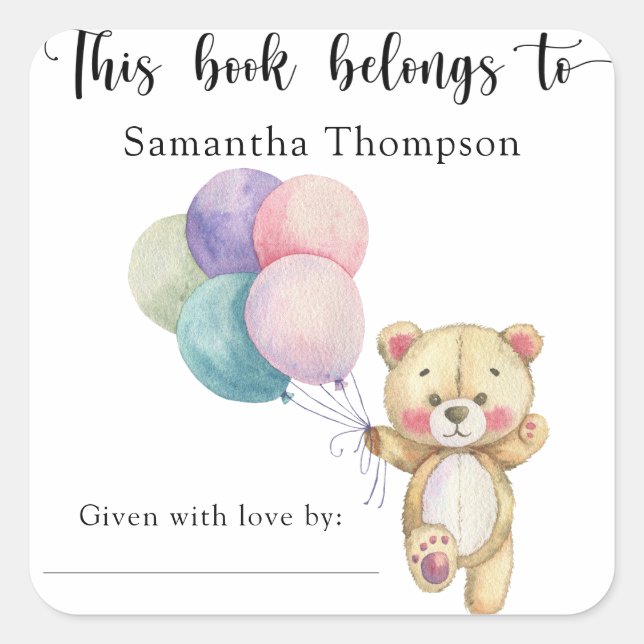 Sticker Carré Ballons d'ours en peluche - ce livre appartient à (Devant)