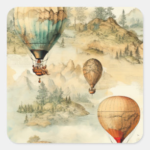 Sticker Carré Balloon vintage à air chaud dans un paysage serein