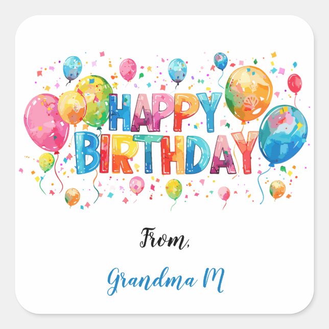 Sticker Carré Balloons Aquarelle Bon Anniversaire (Devant)