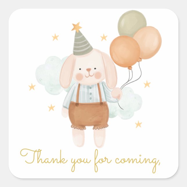 Sticker Carré Baloons et lapins roses mignons Anniversaire (Devant)
