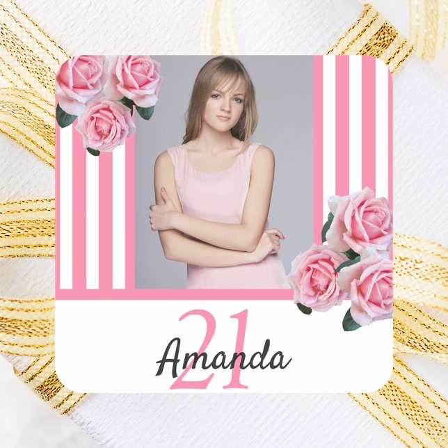 Sticker Carré Bande blanche rose florale photo anniversaire (Créateur téléchargé)