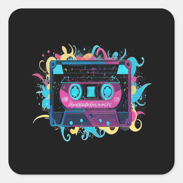 Sticker Carré Bande de cassette néon rétro avec éclaboussure vib (Devant)