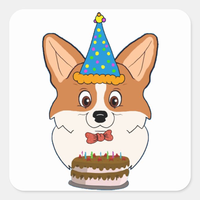 Sticker Carré Bande dessinée de corgi de Gallois d'anniversaire (Devant)