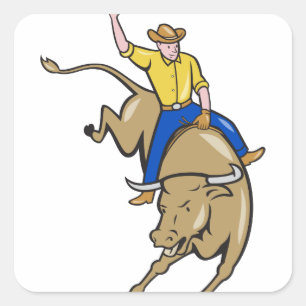Sticker Carré Bande dessinée d'équitation de Taureau de cowboy