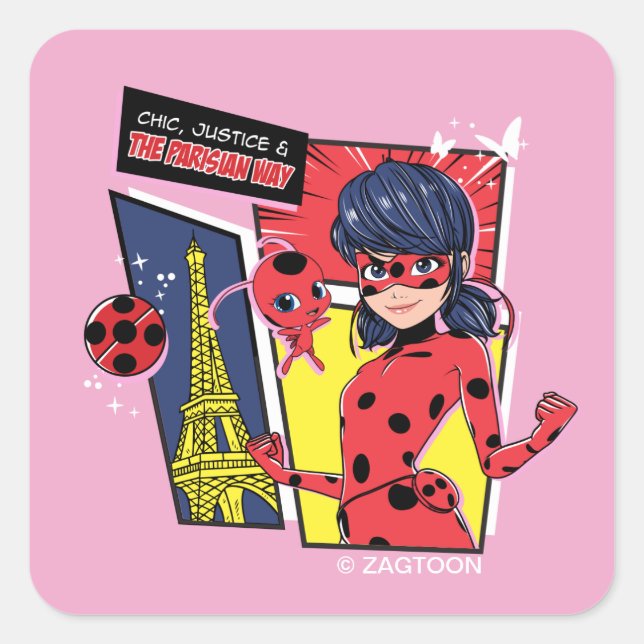 Sticker Carré Bande dessinée Miraculaire Ladybug Parisienne (Devant)