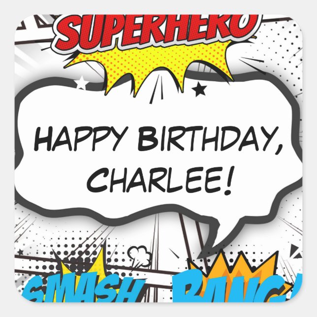 Sticker Carré Bande dessinée noir et blanc Superhero fête d'anni (Devant)