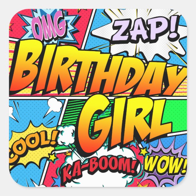 Sticker Carré Bande dessinée pour fille d'anniversaire (Devant)