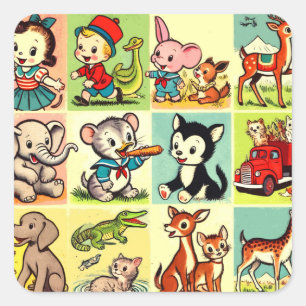 Sticker Carré Bande dessinée Retro Cute Animaux