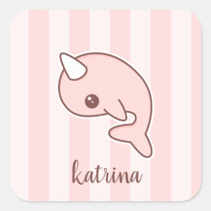 Sticker Carré Bande dessinée rose mignonne Narwhal avec des