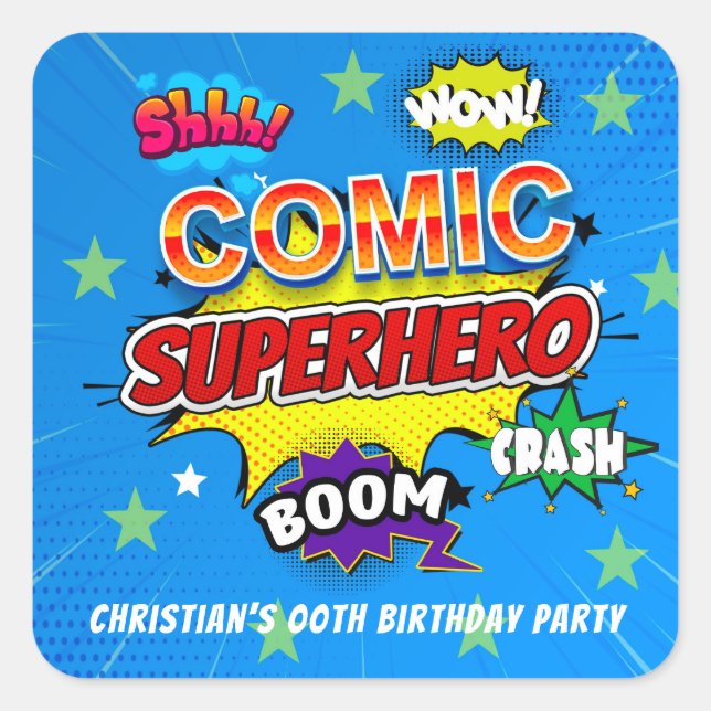 Sticker Carré Bande dessinée Superhero Strip 00e fête d'annivers (Devant)