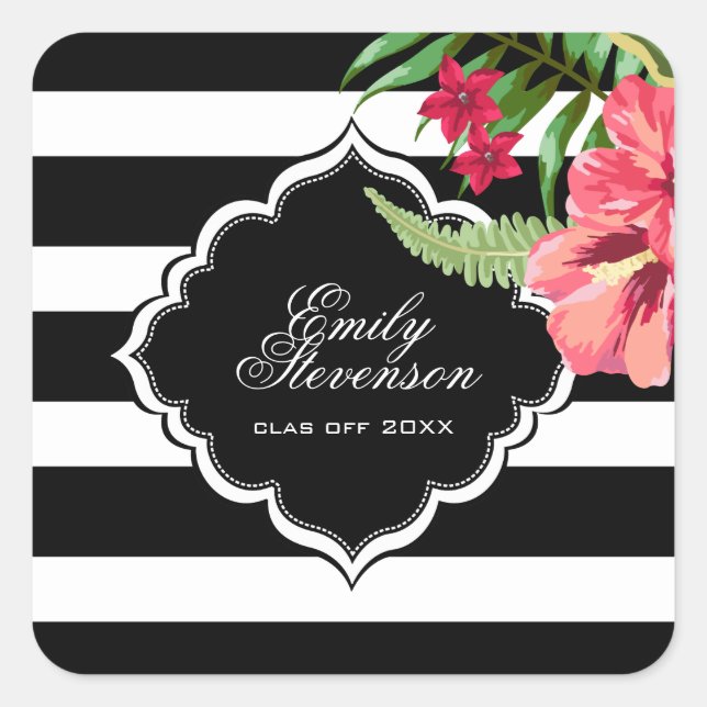 Sticker Carré Bandes Noires Et Hibiscus- Graduations (Devant)
