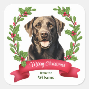 Sticker Carré Bannière rouge Holly Chocolat Lab Retriever Noël