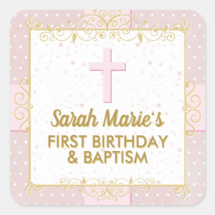 Sticker Carré Baptême 1er Anniversaire Pink Gold Texte Polka Po