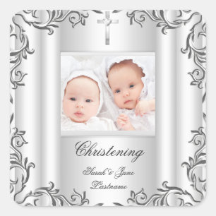 Sticker Carré Baptême Blanc pour Bébé Fille Garçon Jumeaux