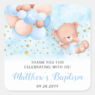 Sticker Carré Baptême Bleu Ours Teddy Merci Baptême Faveur S