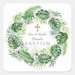 Sticker Carré Baptême de germe exotique Feuille tropicaux hawaïe