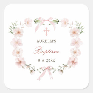 Sticker Carré Baptême du cadre floral rose