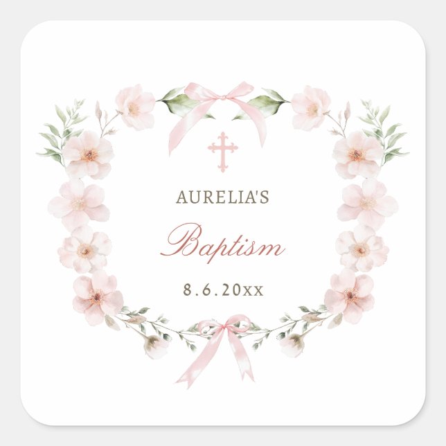 Sticker Carré Baptême du cadre floral rose (Devant)