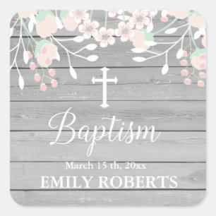 Sticker Carré Baptême floral rustique gris