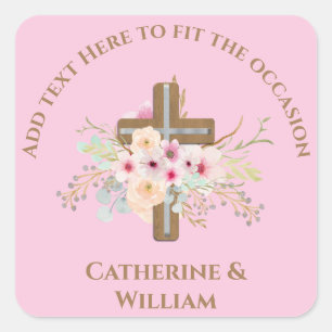 Sticker Carré Baptême personnalisé et croix florale