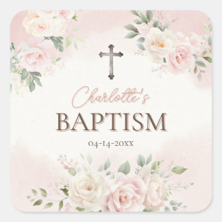 Sticker Carré Baptême personnalisé Roses roses roses