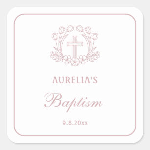Sticker Carré Baptême simple de croix rose florale