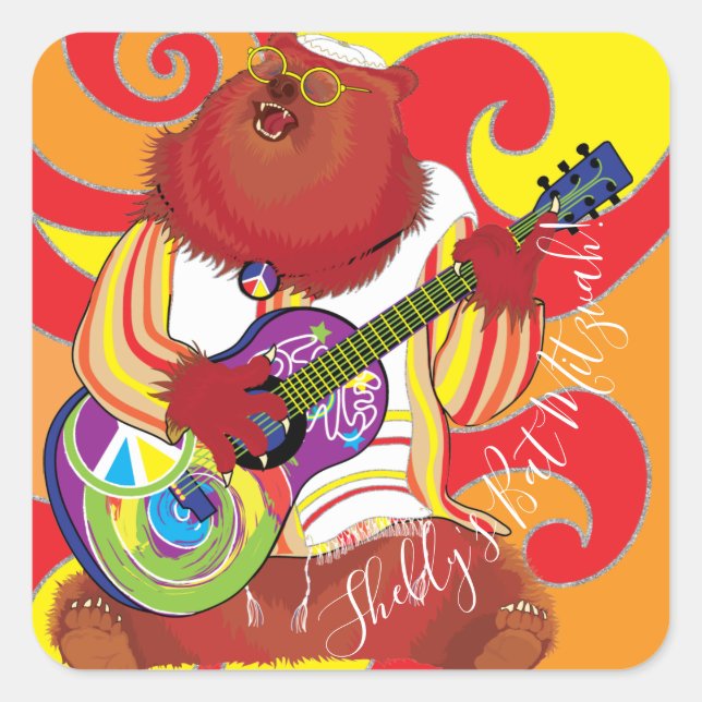 Sticker Carré Bar Bat mitzvah Hippie chante ours (Devant)