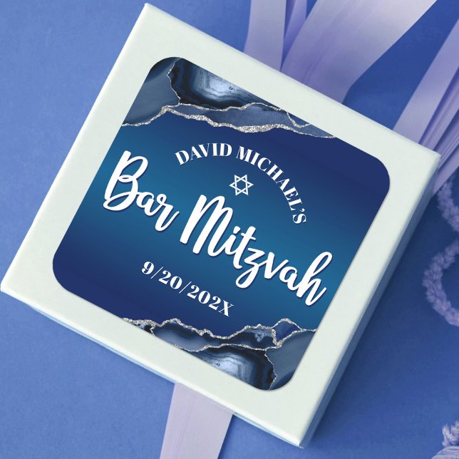 Sticker Carré Bar Mitzvah Modern Navy Blue Ombre Agate Script (Créateur téléchargé)