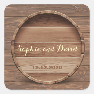 Sticker Carré Baril en bois rustique Mariage personnalisé