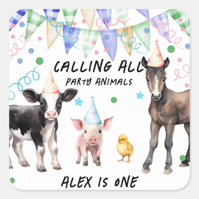 Sticker Carré Barnyard Farm Animaux 1er anniversaire (Devant)