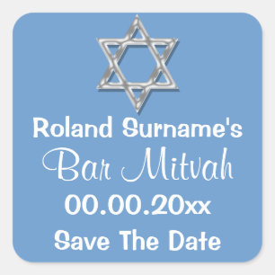 Sticker Carré Barre d'argent bleu mitzvah   enregistrer la date