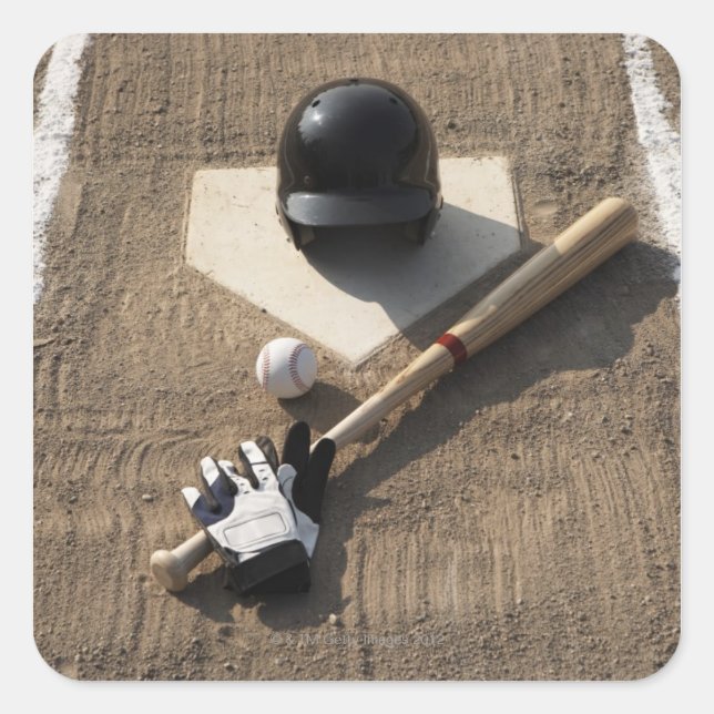 Sticker Carré Baseball, batte, gants de batte et baseball (Devant)