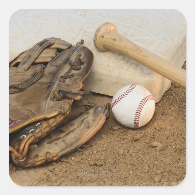 Sticker Carré Baseball, Mitt et Bat sur la base (Devant)