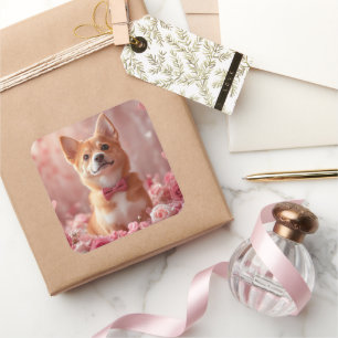 Sticker Carré Basenji avec Rose - Saint Valentin