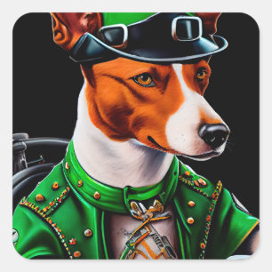 Sticker Carré Basenji Chien conduisant vélo St. Patrick's Day
