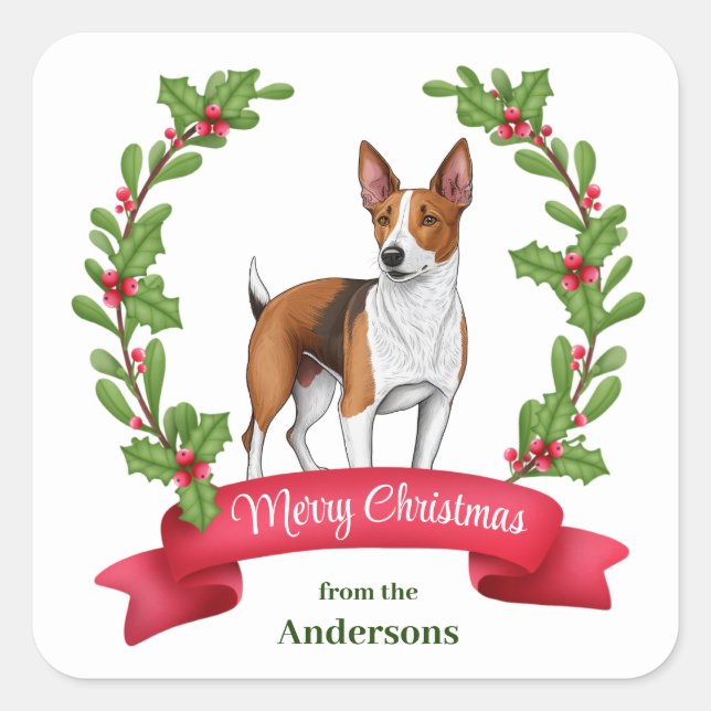 Sticker Carré Basenji Dog Holly Banner Noël (Devant)